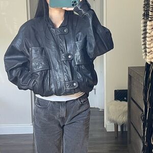 Montees Black Leather Jacket Vintage Bomber Motocycle Moto 80s 90s Biker Chic S